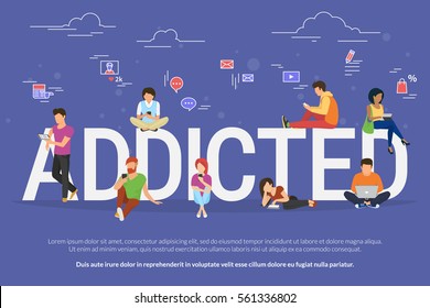 Addicted people concept illustration of young men and women using devices such as laptop, smartphone, tablets. Flat design of people addicted to gadgets sitting on letters with social media symbols