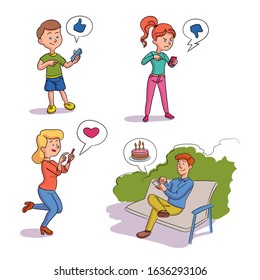 Addicted people and digital gadget scenes set. Cartoon people characters. Family members using smartphoe. Adults and children networking, messaging, ordering food online. Vector illustration