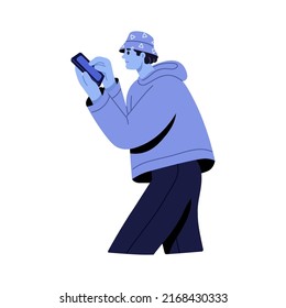 Usuario de teléfono adicto. Hombre con adicción al smartphone móvil. Persona que usa celulares, internet móvil, noticias en línea, medios sociales con obsesión. Ilustración vectorial plana aislada en fondo blanco