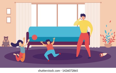 Addicted from Phone Young Father and Naughty Children. Cartoon Man Talking Phone, Having Business Call. Nosy Kids, Son and Daughter Playing Ball in Living Room. Vector Flat Home Interior Illustration