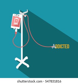 addicted to Smart phone infusion with a a low battery illustration isolated in a blue background