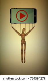 addicted to smartphone concept, Psychology problem device using, marionette and smartphone, vector