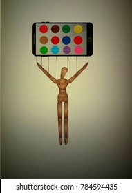 addicted to smartphone concept, Psychology problem device using, marionette and smartphone, vector