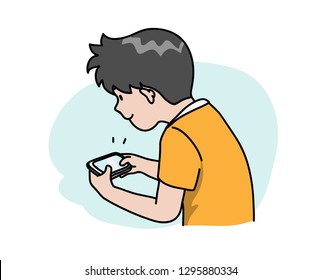 Addicted to smartphone, a vector cartoon illustration of a young teenager playing game on his smartphone, isolated on a simple background.