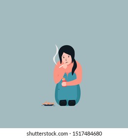 Addicted smoker woman, nicotine, cigarette addiction. Vector flat cartoon character illustration. Isolated on background.