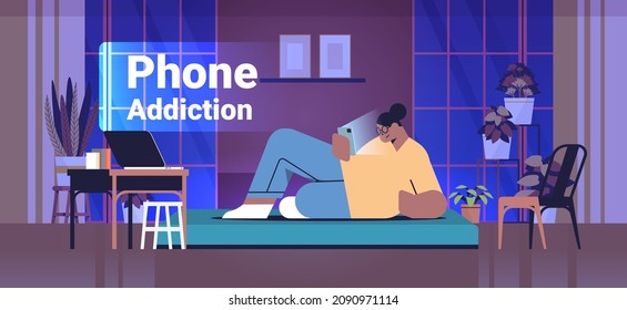 addicted woman using digital gadget girl active in social networks digital addiction concept living room interior
