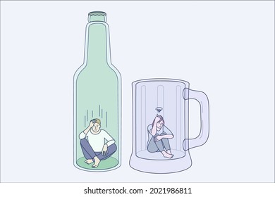 Addiction to alcohol and depression concept. Two young depressed people man and woman sitting on bottom of beer mug and bottle feeling stressed addicted to alcohol vector illustration 