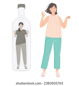 Addiction to alcohol and depression concept. Unhappy woman woman trapped in a bottle. Sad drunk female person, exhausted alcoholic. Social issue, abuse, addiction.  vector Illustration svg