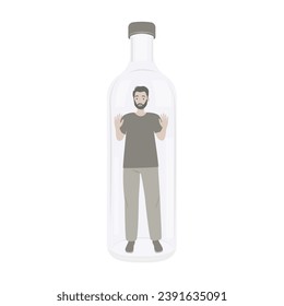 Addiction to alcohol and depression concept. Unhappy man  trapped in a bottle. Sad drunk male person, exhausted alcoholic guy. Social issue, abuse, addiction. Vector Illustration
 svg