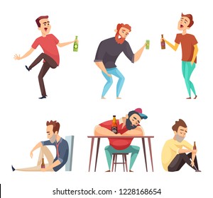 Addiction alcoholic. Addict peoples alcoholism and drugs drinking person beer vodka whiskey abuse vector characters isolated