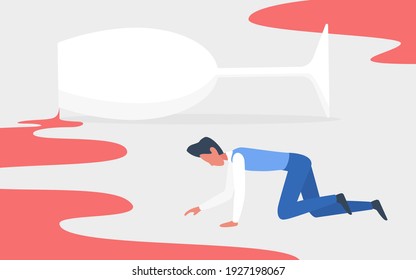 Addiction alcoholic drunkard people vector illustration. Cartoon drunken addict man character crawling hangover next to spilled alcohol wine from glass drink, alcoholism social problem background