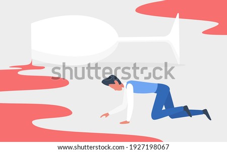 Addiction alcoholic drunkard people vector illustration. Cartoon drunken addict man character crawling hangover next to spilled alcohol wine from glass drink, alcoholism social problem background