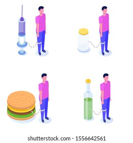 Addiction, bad habits set, alcoholism, drug addiction, gluttony with obesity. Vector isometric Illustrations.