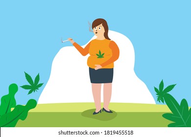 Addiction of cannabis vector concept: Young woman addicted of cannabis while smoking cannabis 