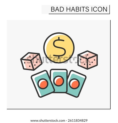 Addiction color icon. Compulsive gambling. Uncontrollable urge to keep gambling. Casino jackpot, playing cards.Bad habits concept. Isolated vector illustration