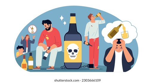 Addiction composition with doodle human characters of addicted people drinking alcoholic beverage drinks with prohibition signs vector illustration