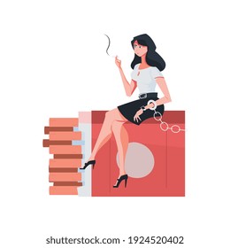 Addiction composition with flat character of smoking woman enchained to stack of cigarette packs vector illustration