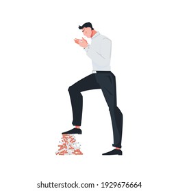 Addiction composition with flat male character treading pile of cigarettes under his foot vector illustration