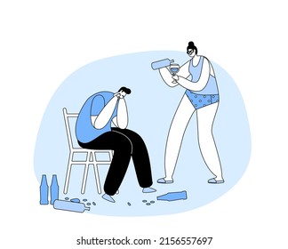 Addiction Concept. Drunk Sleazy Man And Woman Drink Alcohol. Male And Female Characters With Pernicious Habits Substance Abuse, People Suffering Of Alcoholism. Linear Cartoon Flat Vector Illustration