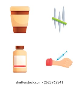 Addiction concept icons set cartoon vector. Drug, coffee and smoking addiction. Destructive habit, unhealthy lifestyle