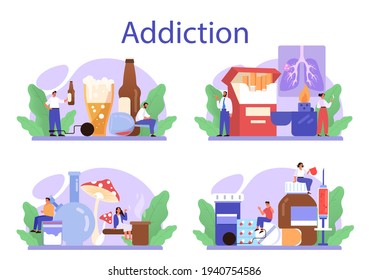 Addiction concept set. Idea of medical treatment for addicted people.