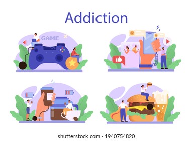 Addiction concept set. Idea of medical treatment for addicted people.