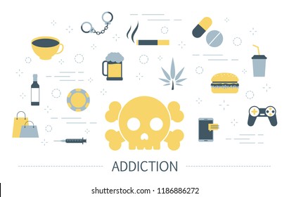 Addiction concept. Social, computer and drug addiction. Idea of people having problem with internet and narcotic. Unhealthy lifestyle. Set of colorful icons. Isolated flat vector illustration