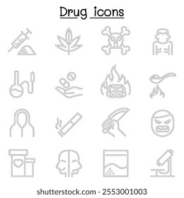 Ícone de droga de vício definido no estilo de linha fina