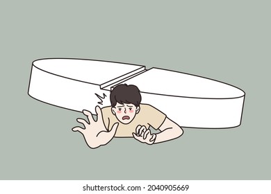 Addiction to drugs and healthcare concept. Young stressed man lying on ground crushed by huge white pill medical treatment vector illustration