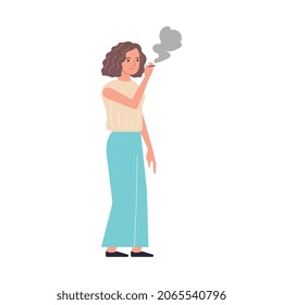 Composición plana de adicción con carácter de ilustración vectorial de la niña fumadora