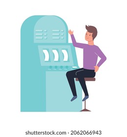 Composición plana de adicción con caracter masculino sentado frente a la ilustración vectorial de la máquina tragaperras