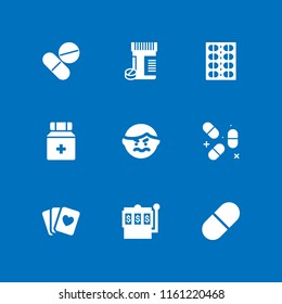 addiction icon. 9 addiction set with drunk, poker cards, drugs and pill vector icons for web and mobile app