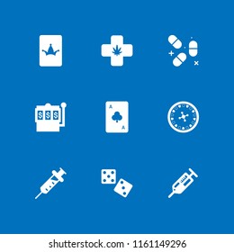 addiction icon. 9 addiction set with pill, slot machine, drug and marijuana vector icons for web and mobile app