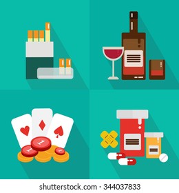 Addiction icon flat set, drinks, drugs, pills, cigarette, hazard, pocker, abuse, alcohol, cards, vector flat icon.