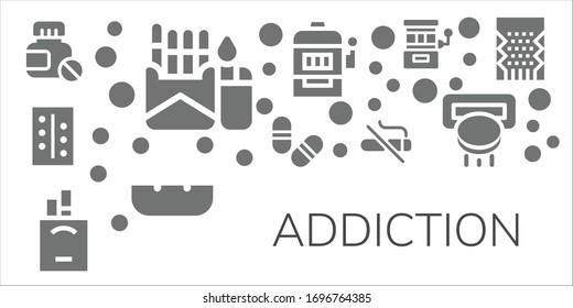 Symbol-Set für Sucht. 11 Suchsymbole wurden gefüllt.  Einfache, moderne Symbole wie: Pillen, Zigaretten, Zigaretten, Rauchen verboten, Spielautomat, Ashfach