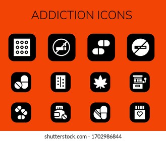 conjunto de iconos de adicción. 12 íconos de adicción llenos. Medicamentos incluidos, píldoras, No fumar, Marihuana, Máquina tragamonedas, Iconos de drogas