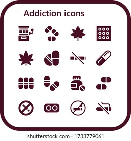 Zeichensatz für das Suchtymbol. 16 gefüllte Suchtsymbole.  Einfache moderne Icons wie: Spielautomat, Pillen, Marijuana, Drogen, Kein Rauch, Pille, Rauchen verboten