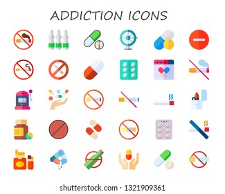 addiction icon set. 30 flat addiction icons.  Collection Of - no smoking, ampoule, drugs, roulette, no entry, pill, drug, slot machine, no smoke, smoking, lighter, pills, forbidden