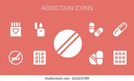 addiction icon set. 9 filled addiction icons.  Simple modern icons such as: Pill, Lighter, No smoking, Drug, Drugs, Pills