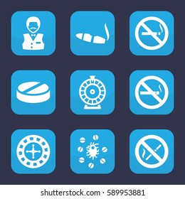 addiction icon. Set of 9 addiction filled icons such as no smoking, Roulette, Casino boy, cigarette, pill
