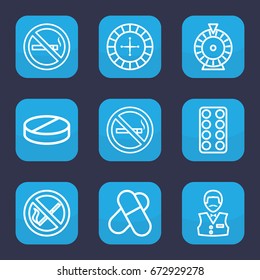 Addiction icon. set of 9 outline addiction icons such as no smoking, roulette, casino boy
