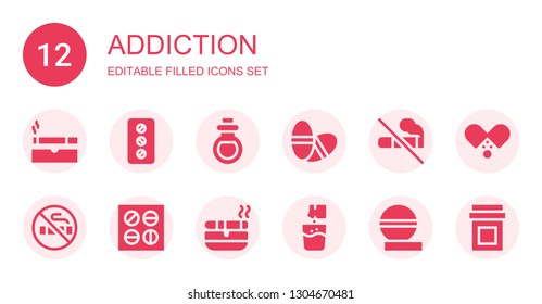 addiction icon set. Collection of 12 filled addiction icons included Cigarette, Pill, Remedy, Pills, No smoking, Ashtray, Effervescent