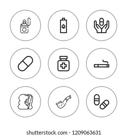 Addiction icon set. collection of 9 outline addiction icons with drugs, lighter, pill, pills, smoke bomb, smoking icons. editable icons.