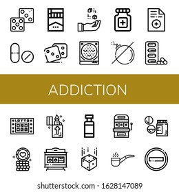 addiction icon set. Collection of Dice, Drug, Cigarette, Pachinko, Pills, No bomb, Prescription, Lotto, Poker chip, Lighter, Slot machine, Drug container, Smoking pipe, Drugs icons