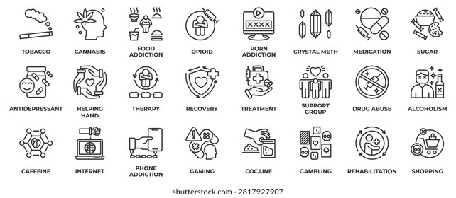 Addiction icon set collection in outline style, an icon pack contain food addiction, tobacco, cannabis, sugar, caffeine, meditation, drug, treatment, recovery and more. Vector Illustration.