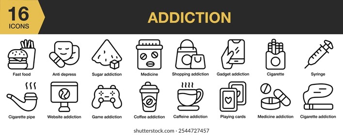 Addiction icon set. Includes addiction, medicine, depress, fast food, game, caffeine, gadget, and More. Outline icons vector collection.