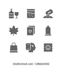 Addiction icon set including alcohol, heroin, cocaine, marijuana, gambling, sex, shopping, smartphone, narcotic, cannabis