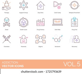 Addiction icons including therapy, support group, day clinic, cold turkey, relapse prevention, dead, death cycle, drug factory, dark web, test, overdose, paranoia, stigma, serotonin, recovery.