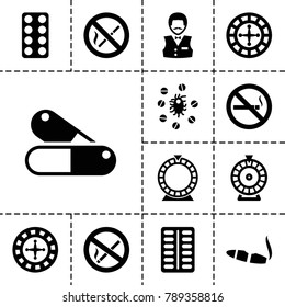Addiction icons. set of 13 editable filled addiction icons such as roulette, casino boy, cigarette, pill, no smoking