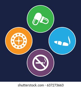 Addiction icons set. set of 4 addiction filled icons such as no smoking, roulette, cigarette